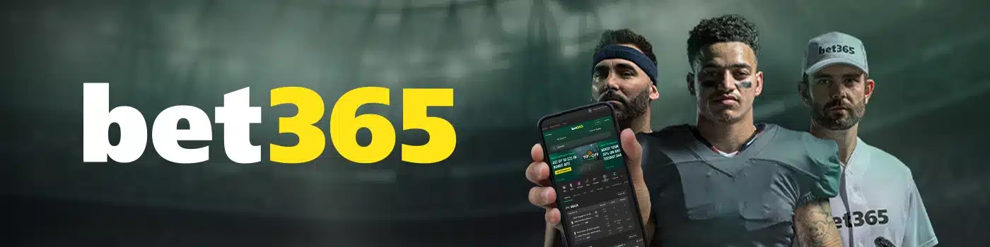 Advertisement for bet365, showing three people, possibly athletes. The central figure holds a smartphone displaying the bet365 app. Visible app elements include the bet365 logo, betting odds, and promotional offers. The bet365 logo is also prominently displayed on the left