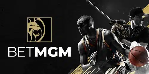 BetMGM logo with a basketball player and a baseball player in the background