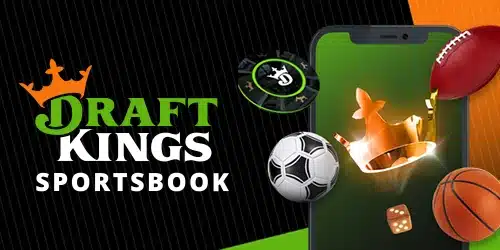 DraftKings Sportsbook Colorado logo with a smartphone displaying a crown, surrounded by a football, basketball, soccer ball, poker chip, and dice