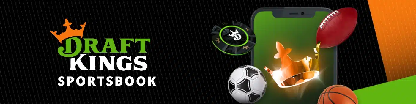 DraftKings Sportsbook Colorado logo with a smartphone displaying a crown, surrounded by a football, basketball, soccer ball, poker chip, and dice