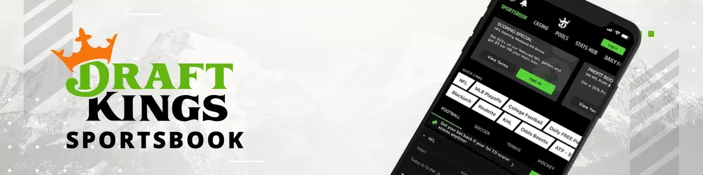 DraftKings Sportsbook app interface shown on a smartphone. UI includes the DraftKings logo (crown), navigation (Sportsbook, Casino, Pools, Stats Hub), a 'SCORING SPECIAL' promotion, quick links to various sports (NFL, MLB Playoffs, Blackjack, Roulette, etc.), and a 'Log In' button