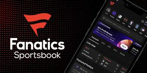 Fanatics Sportsbook app interface displayed on a smartphone. Visible elements include the Fanatics logo, navigation menus (A-Z, Promos, Casino, Live), a rewards banner (50% Profit Boosts), and listings for live and featured bets across various sports leagues (NBA, NHL, MLB, WNBA)