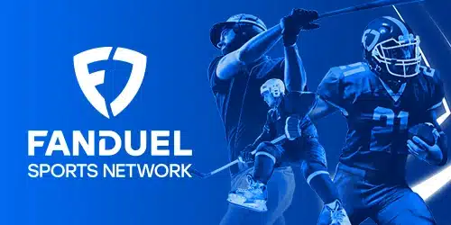 FanDuel Sports Network logo with a baseball player swinging a bat, a hockey player, and a football player in the background