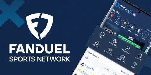 FanDuel Sportsbook app interface on a smartphone. Visible UI elements include: FanDuel logo, top navigation (Live Now, Promos, Boosts), and a sports selection menu (MLB, Soccer, Basketball, Football, Hockey, etc.). A 'CORRECT SCORE' banner is also visible