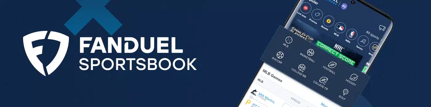 FanDuel Sportsbook app interface on a smartphone. Visible UI elements include: FanDuel logo, top navigation (Live Now, Promos, Boosts), and a sports selection menu (MLB, Soccer, Basketball, Football, Hockey, etc.). A 'CORRECT SCORE' banner is also visible