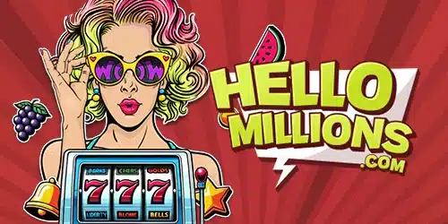 Hello Millions Casino main mobile image featuring a blonde woman in sunglasses with a 777 slot bar