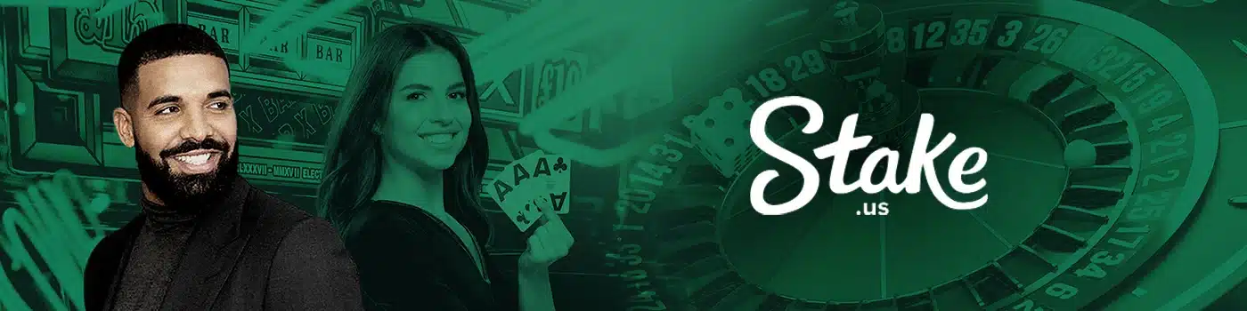 Main desktop banner for Stake US Casino featuring a male and a female model.