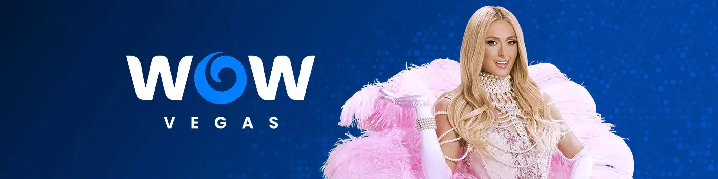 WOW Vegas Casino main desktop banner featuring an attractive blonde woman in a pink feather outfit