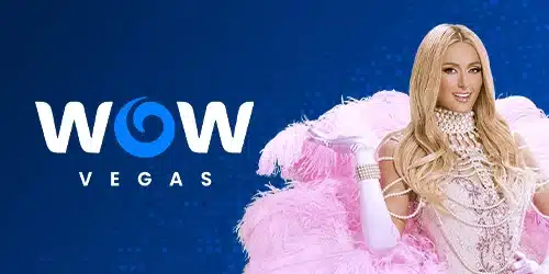 WOW Vegas Casino main mobile banner featuring an attractive blonde woman in a pink feather outfit.