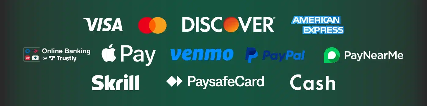 Bet365 sports banking accepted payment methods, including credit cards (Visa, Mastercard, Discover, American Express), online payment services (PayPal, Venmo, Skrill, PayNearMe, Apple Pay, PaysafeCard), online banking (Trustly), and cash