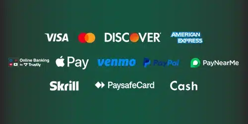 Bet365 sports banking accepted payment methods, including credit cards (Visa, Mastercard, Discover, American Express), online payment services (PayPal, Venmo, Skrill, PayNearMe, Apple Pay, PaysafeCard), online banking (Trustly), and cash