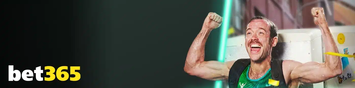 Bet365 advertisement; An athlete celebrates, possibly after a sporting event or competition. bet365 logo