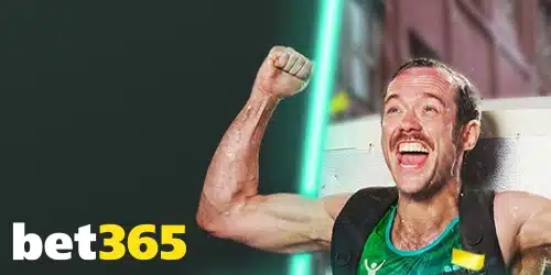 Bet365 advertisement; An athlete celebrates, possibly after a sporting event or competition. bet365 logo