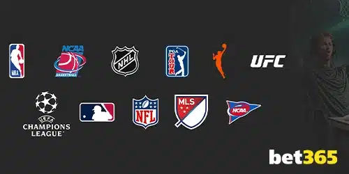 bet365 advertisement featuring logos for NBA, NCAA Basketball, NHL, PGA Tour, WNBA, UFC, UEFA Champions League, MLB, NFL, MLS, and NCAA, along with an image of a person celebrating