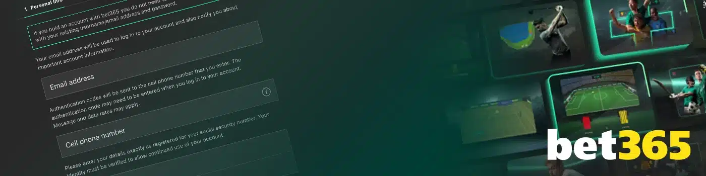 bet365 online account registration form. Fields include email address and cell phone number. Accompanying images show various sports, such as golf, soccer, and tennis