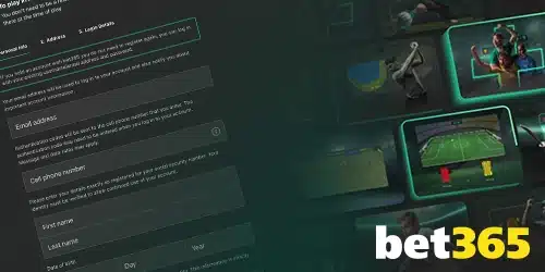 bet365 online account registration form. Fields include email address and cell phone number. Accompanying images show various sports, such as golf, soccer, and tennis