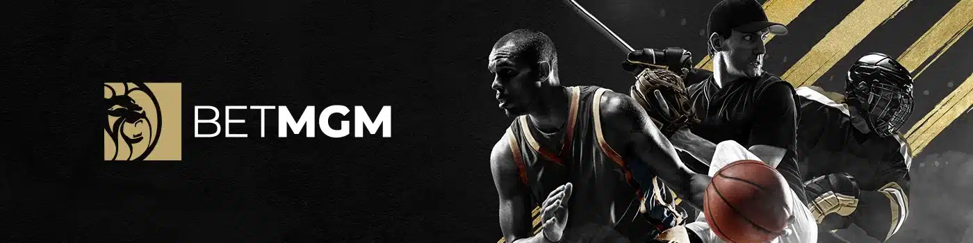 BetMGM Sportsbook advertisement, a stylized image depicting athletes from different sports, including a basketball player, a baseball player, and a hockey player