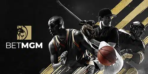 BetMGM Sportsbook advertisement, a stylized image depicting athletes from different sports, including a basketball player, a baseball player, and a hockey player