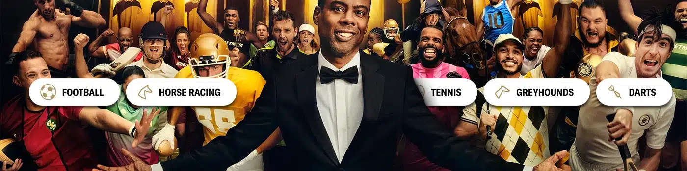BetMGM promotional banner with celebrity Chris Rock. He is surrounded by images representing a variety of sports and betting options, with text labels for: Football, Horse Racing, Tennis, Greyhounds, and Darts