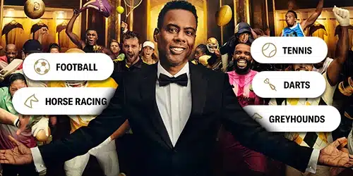 BetMGM promotional banner with celebrity Chris Rock. He is surrounded by images representing a variety of sports and betting options, with text labels for: Football, Horse Racing, Tennis, Greyhounds, and Darts