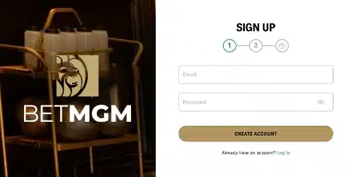 BetMGM sign-up form with email and password fields, and a 'Create Account' button