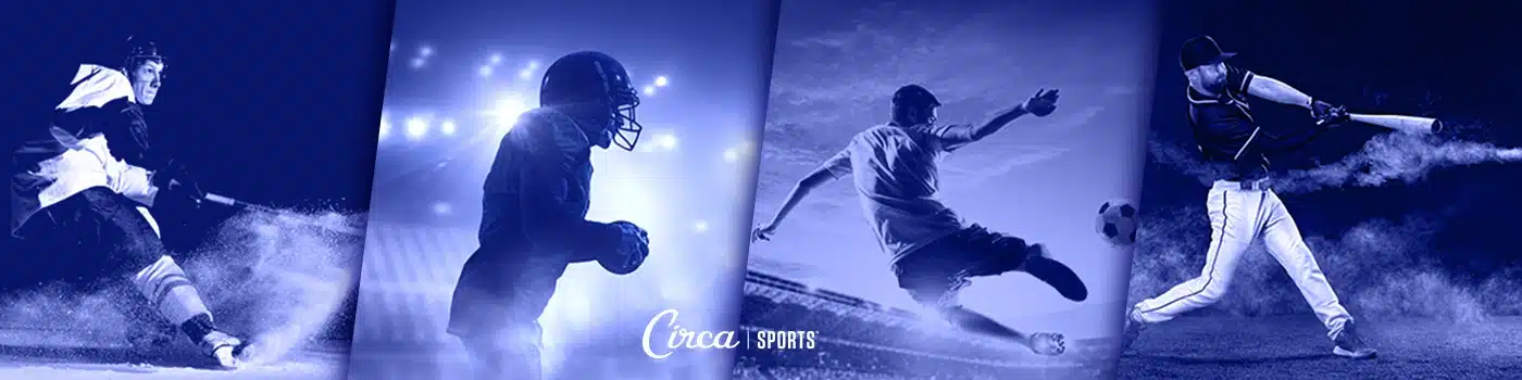 Circa Sports logo with four athletes in action: a hockey player, a football player, a golfer mid-swing, and a baseball player hitting a ball