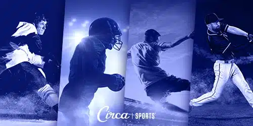 Circa Sports logo with four athletes in action: a hockey player, a football player, a golfer mid-swing, and a baseball player hitting a ball
