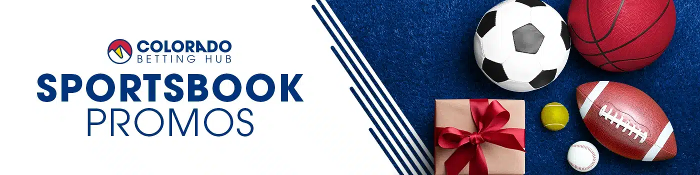 Colorado Betting Hub logo with text 'Sportsbook Promos'. A wrapped gift, soccer ball, basketball, football, and baseball are arranged on a blue and white background