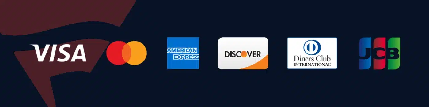 Logos of major credit card companies: Visa, Mastercard, American Express, Discover, Diners Club International, and JCB
