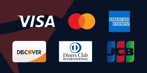 Logos of major credit card companies: Visa, Mastercard, American Express, Discover, Diners Club International, and JCB