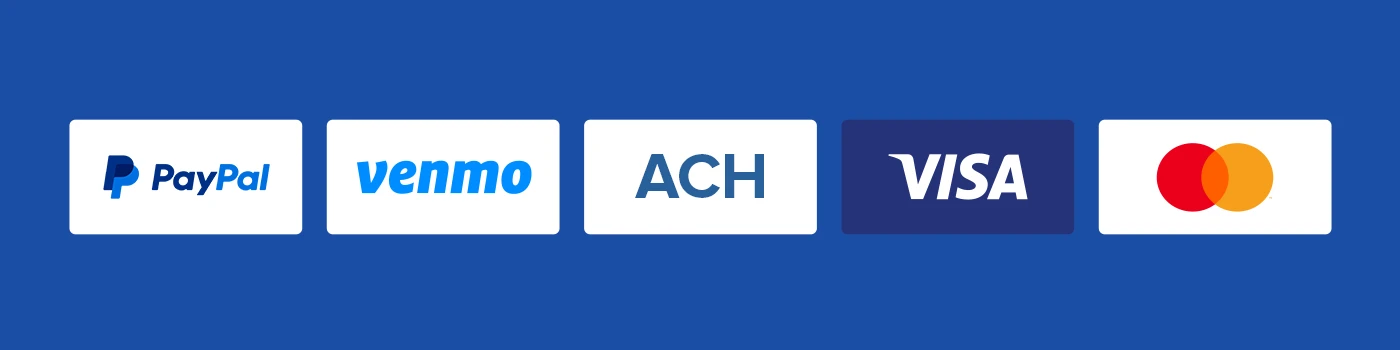 Logos of payment methods: PayPal, Venmo, ACH, Visa, and Mastercard