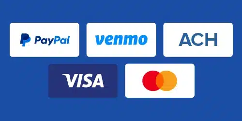 Logos of payment methods: PayPal, Venmo, ACH, Visa, and Mastercard
