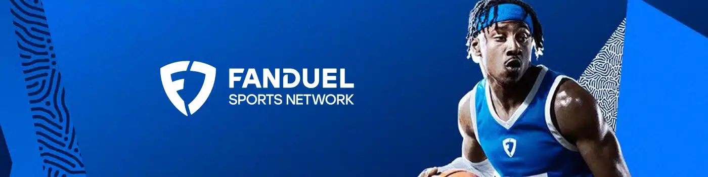 FanDuel Sports Network logo with a basketball player dribbling, on a blue background