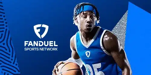FanDuel Sports Network logo with a basketball player dribbling, on a blue background