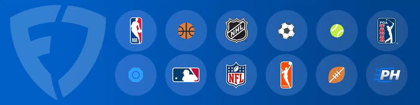 FanDuel logo followed by icons for various sports and leagues, including NBA, basketball, NHL, soccer, tennis, PGA Tour, MLB, NFL, WNBA, football, and PH