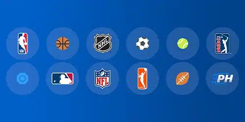 FanDuel logo followed by icons for various sports and leagues, including NBA, basketball, NHL, soccer, tennis, PGA Tour, MLB, NFL, WNBA, football, and PH