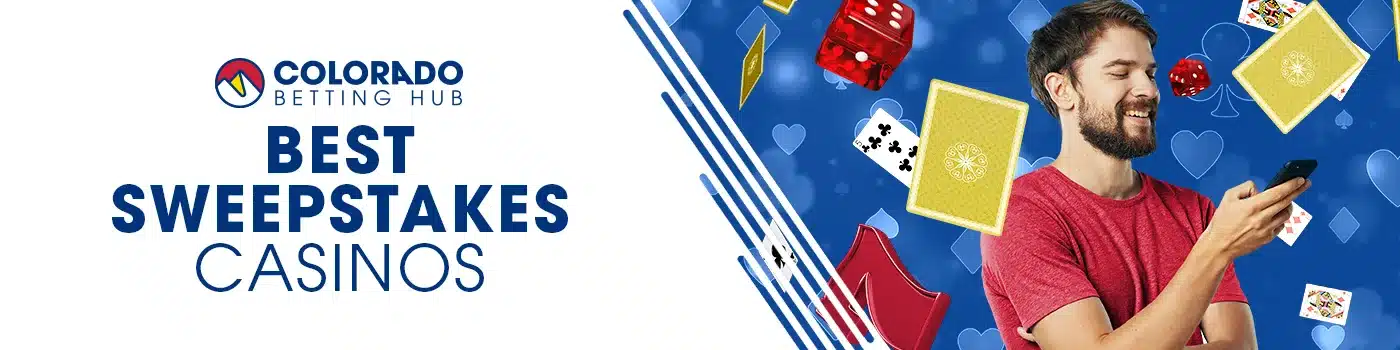Coloradobettinghub Sweepstakes Casinos desktop banner showing a happy customer enjoying a sweepstakes casino game on a smartphone, surrounded by flying playing cards and vibrant winning game symbols