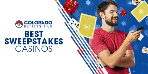 Coloradobettinghub Sweepstakes Casinos mobile banner showing a happy customer enjoying a sweepstakes casino game on a smartphone, surrounded by flying playing cards and vibrant winning game symbols