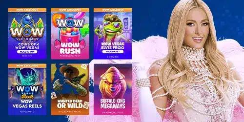 Wow Vegas Casino mobile banner highlighting game variety and featuring Paris Hilton