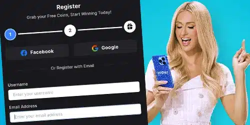 Wow Vegas Casino mobile banner showing Paris Hilton navigating the sign up process on a smartphone