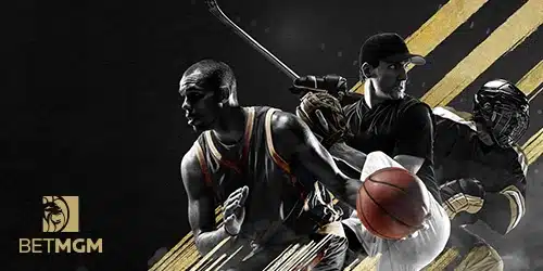 BetMGM Sportsbook advertisement, a stylized image depicting athletes from different sports, including a basketball player, a baseball player, and a hockey player