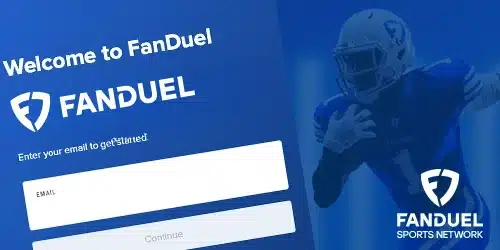 Fanduel sportsbook welcome screen showing registration on mobile on a blue background with NFL player holding a football