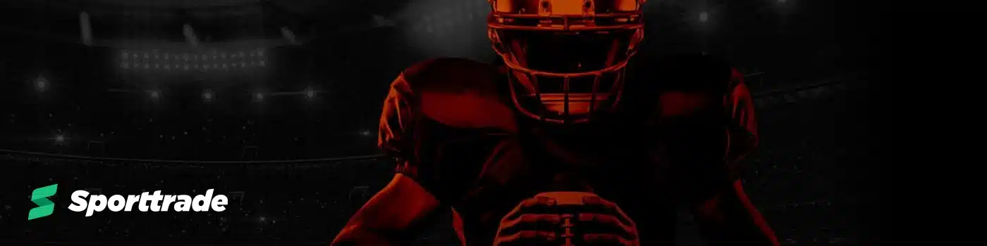 sporttrade colorado promo code banner with football player holding a football against a red background