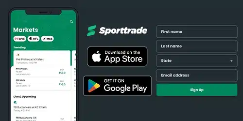 sporttrade colorado promo code banner showing where to download apps, with logos for Android and iOS app stores